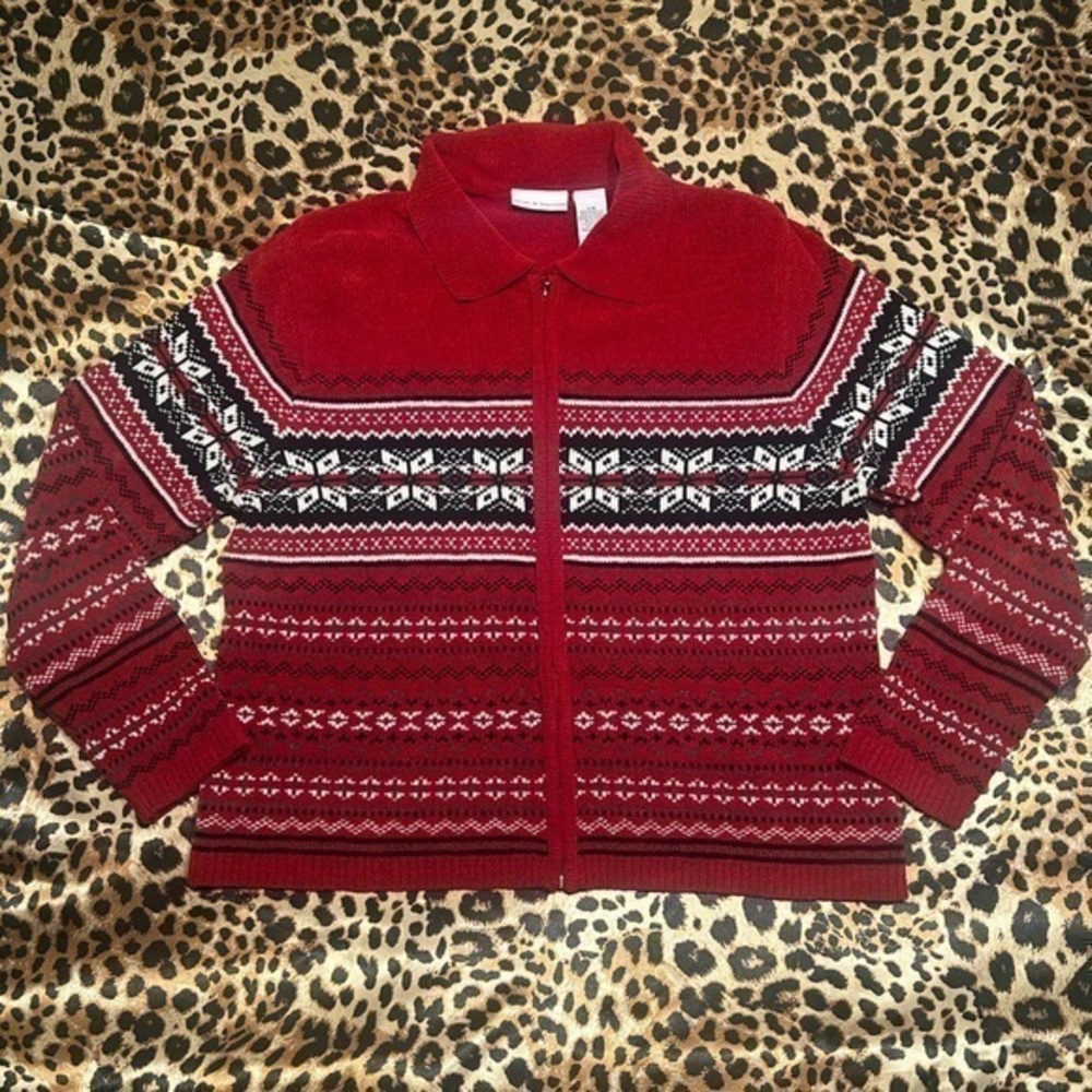 Vintage Croft & Barrow Red and Black Fair Isle Print Zip Up Cardigan